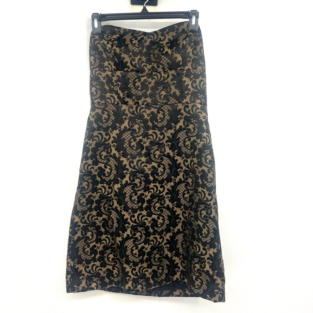 Ann Taylor LOFT Strapless Dress Sz 4 Black Tan Lace Brocade Cocktail Formal